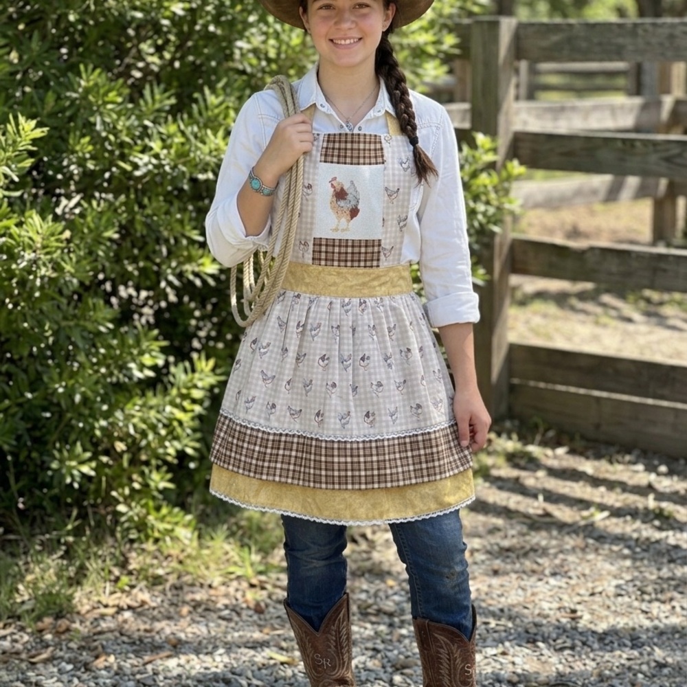 Rustic Rooster Patchwork Apron in Cream, Brown & Gold